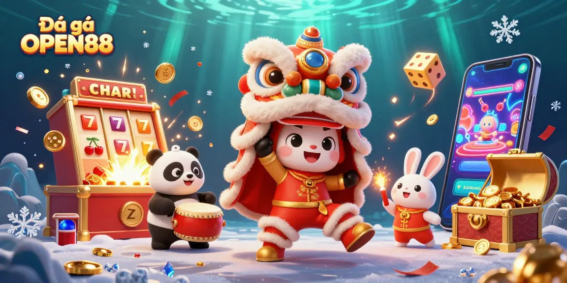 Experience Đá gà OPEN88 with a vibrant and festive 3D casino scene featuring lively characters.